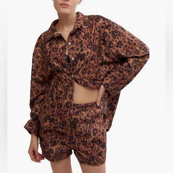 Free People Intimately Leopard Lounge Set NWT – Button Shirt + Shorts | XL - Picture 5 of 11
